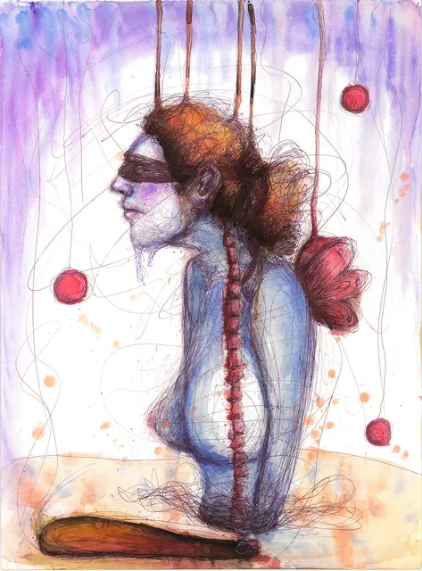 ظل أحمر — 2019 · قلم حبر جاف وألوان مائية · 42×59 cm