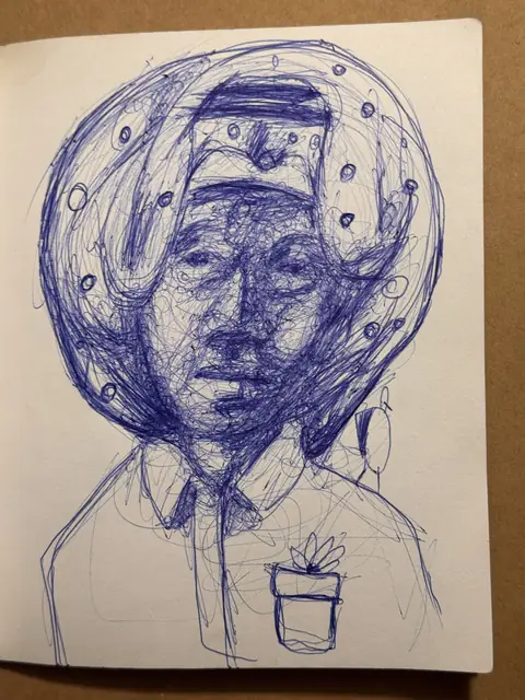 بورتريه ذاتي — 2025 · قلم حبر جاف على ورق · 30×15 cm
