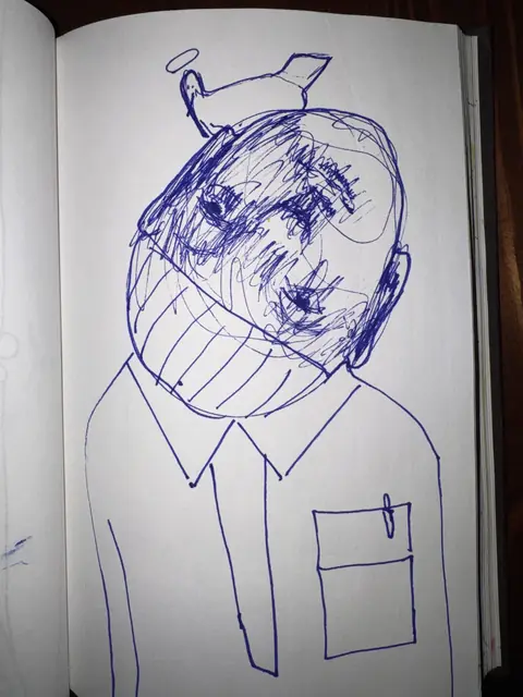 بورتريه ذاتي — 2025 · قلم حبر جاف على ورق · 30×15 cm