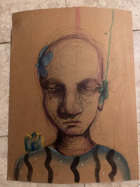 بدون عنوان — 2024 · قلم حبر جاف وألوان مائية على كرتون · 29×42 cm