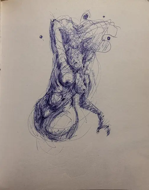 بدون عنوان — 2026 · قلم حبر جاف على ورق · 10×15 cm