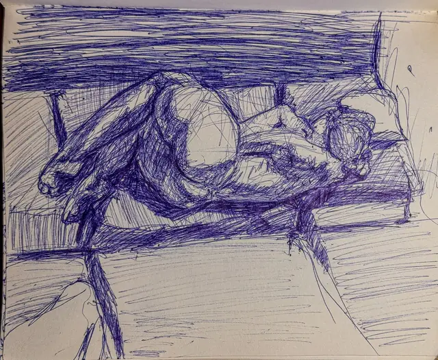 بدون عنوان — 2026 · قلم حبر جاف على ورق · 10×15 cm
